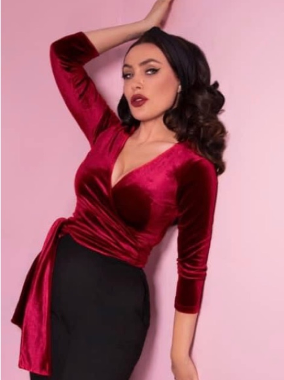 Vixen by Micheline Pitt- Burgundy Velvet Wrap Top Size XS - Picture 3 of 3